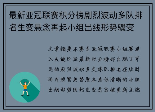 最新亚冠联赛积分榜剧烈波动多队排名生变悬念再起小组出线形势骤变